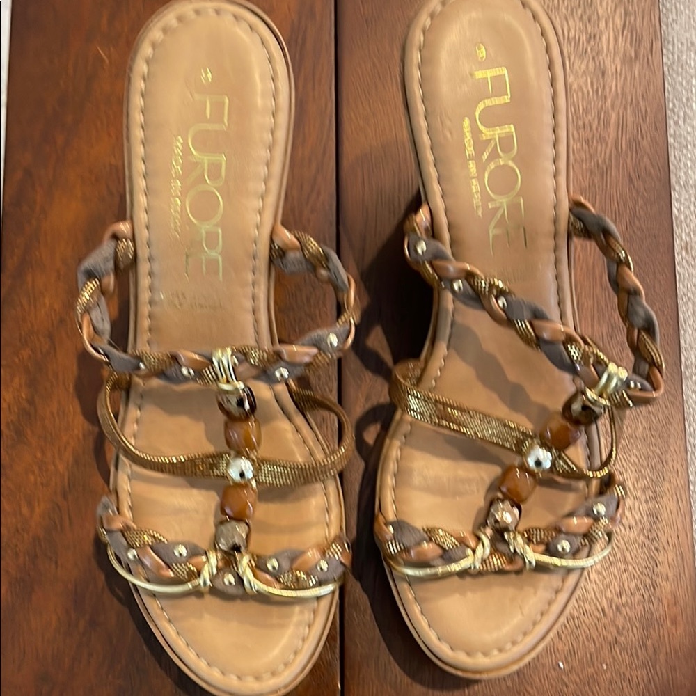 Women's Tan and Gold Sandals